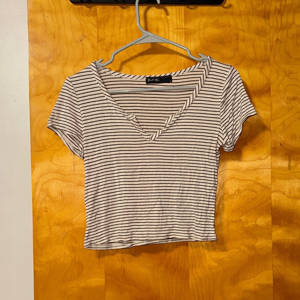 Striped V-Neck Cropped Top in White & Black